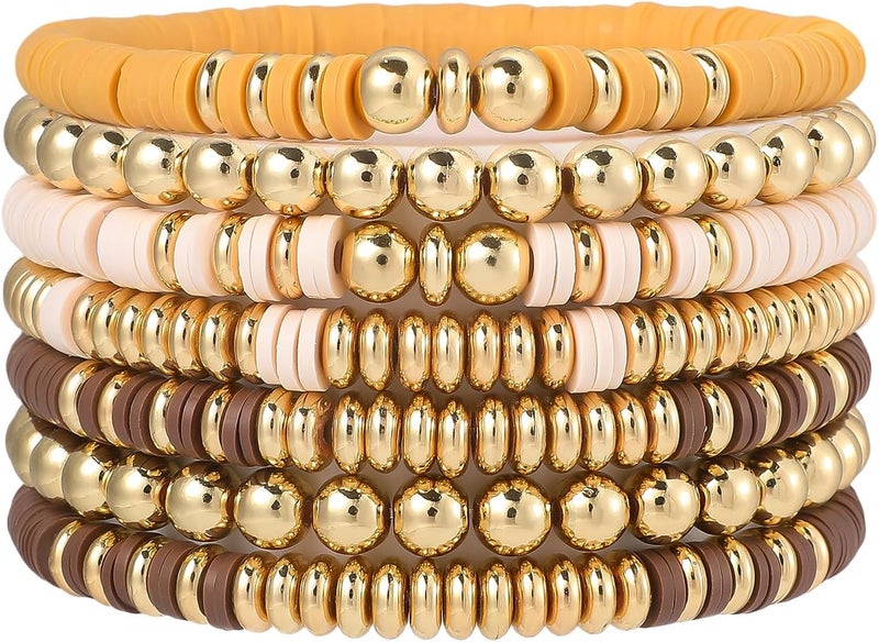 GOOJIDS Surfer Heishi Clay Bead Bracelets for Women Bohemian Stackable Gold Plated Beaded Stretch Bracelets Elastic Layering Friendship Bracelets Set Boho Jewelry - Image 1